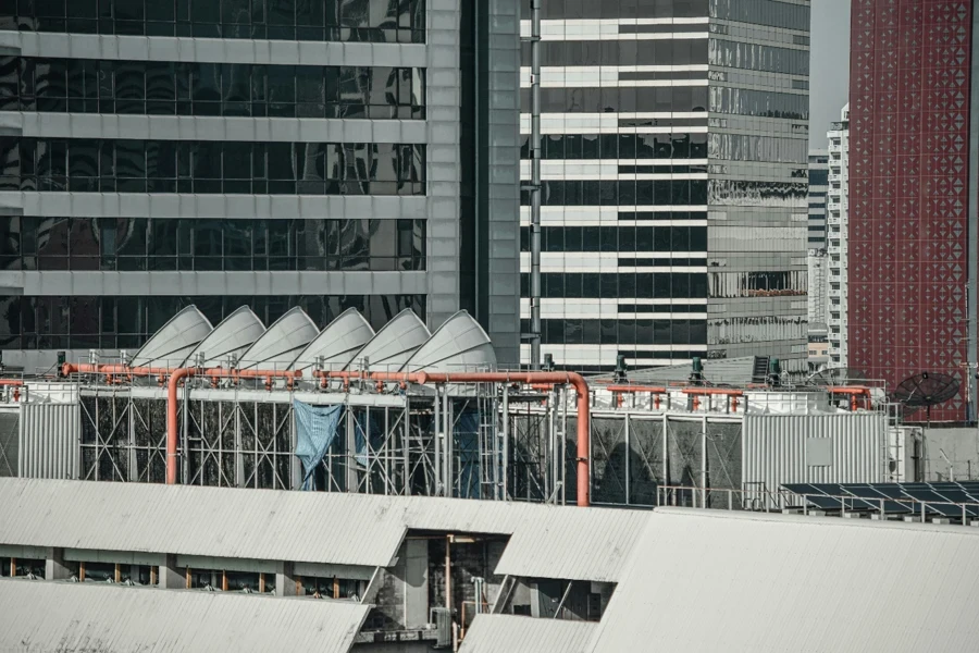 The cooling tower on the rooftop building with HVAC and Water Cooled Chiller system