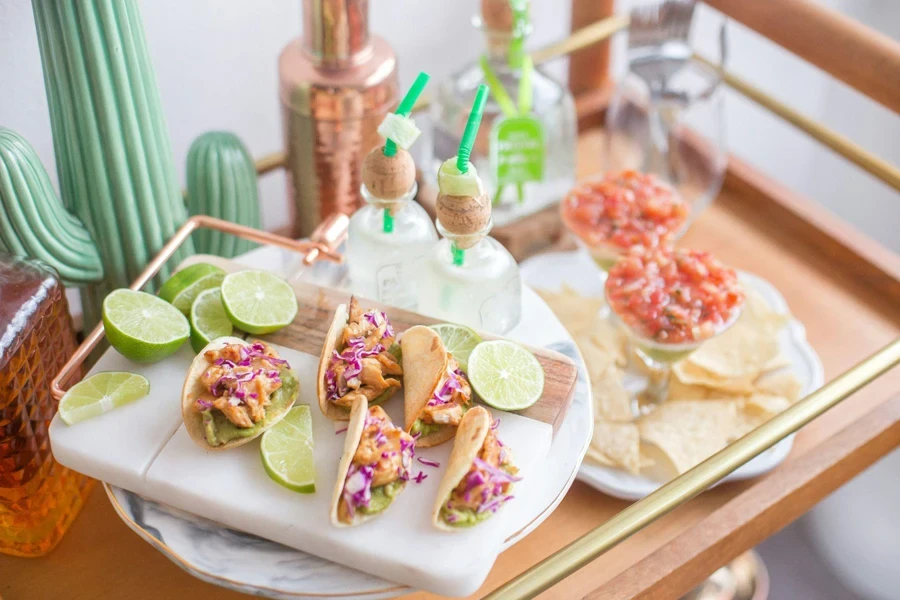Tuna salad on pita bread served on wooden tray
