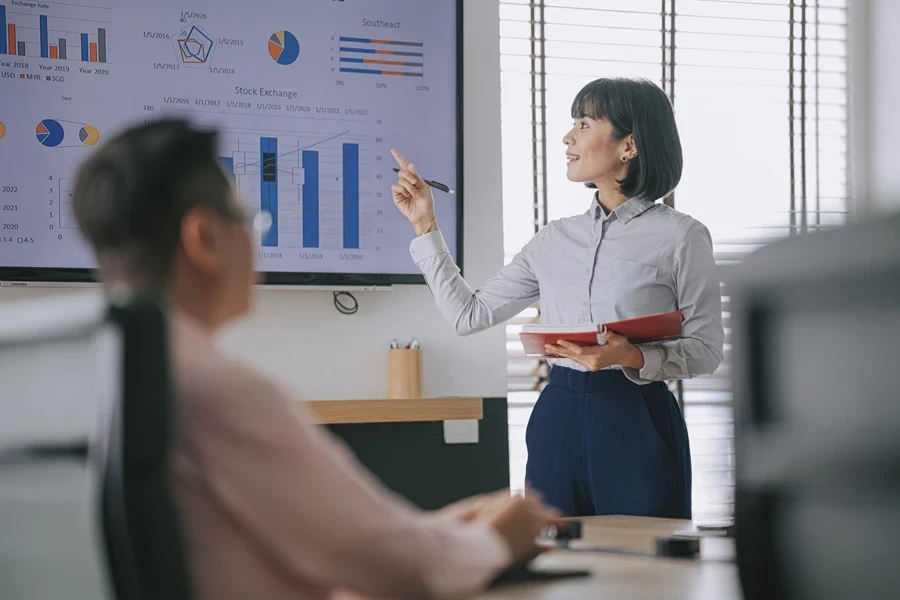 Woman discussing business proposal with investors