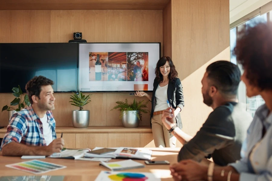 Woman disscusing business proposal with other colleagues