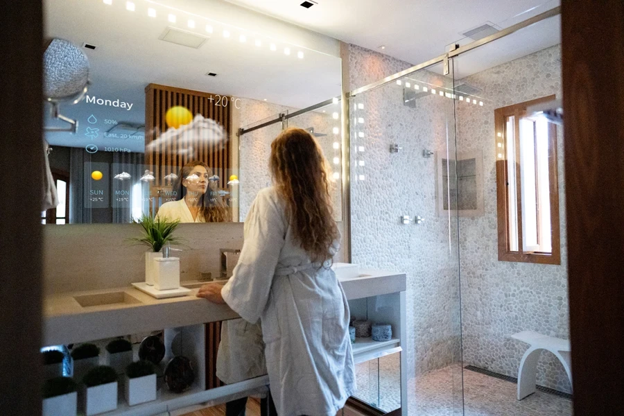 Woman getting important information on her digital mirror