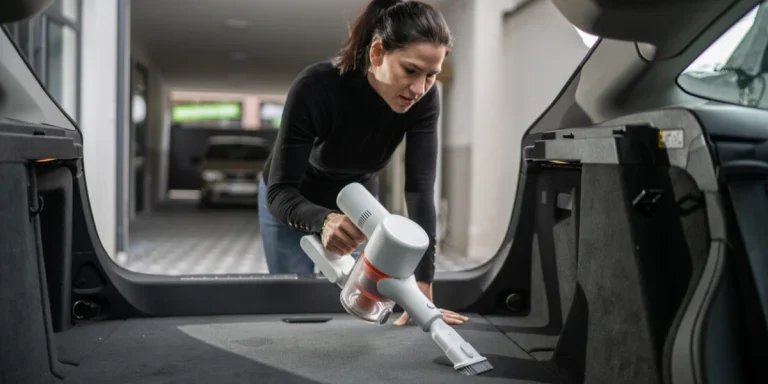 Woman standing and cleaning trunk with hand vacuum