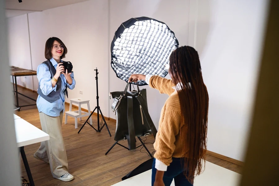Woman taking lifestyle photos with different equipment