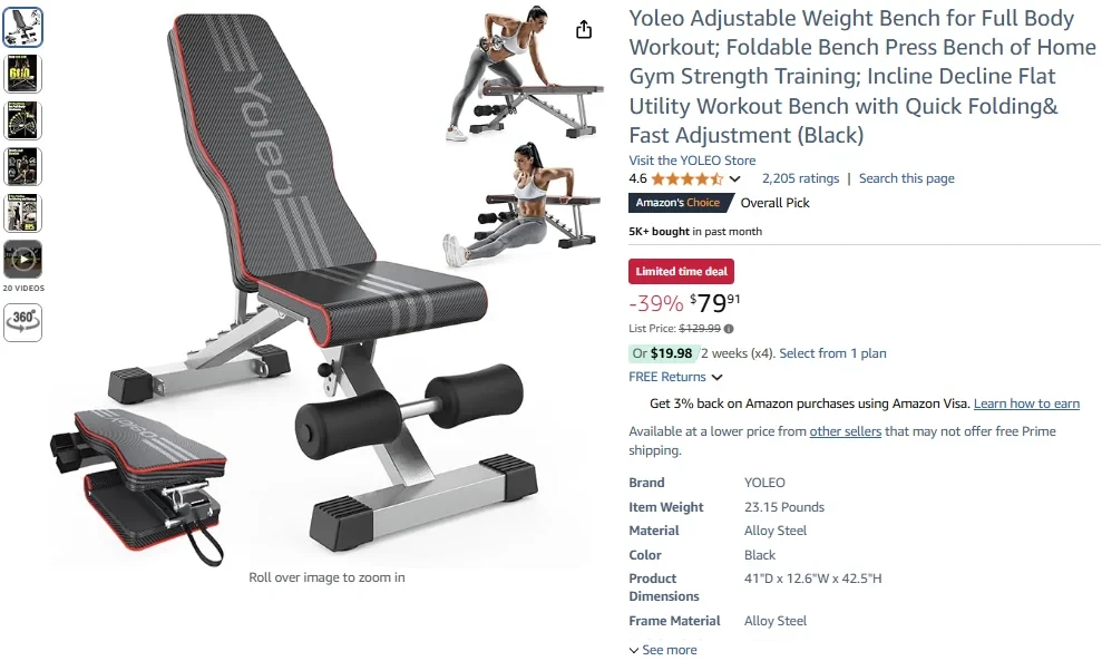 YOLEO Adjustable Weight Bench for Full Body Workout