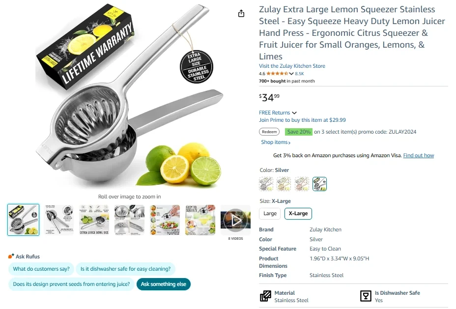 Zulay Extra Large Lemon Squeezer Stainless Steel