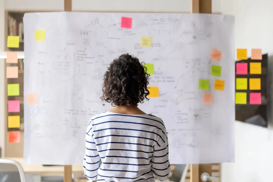 A person looking at ideas written on a board