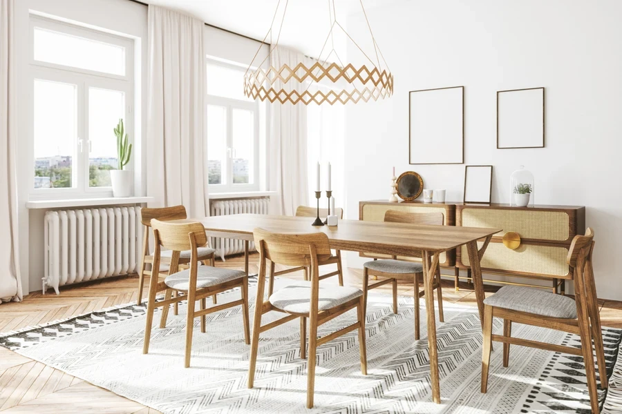 A Scandinavian dining room with wooden furniture
