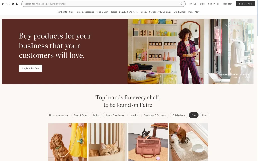 A Screenshot image of Faire's homepage