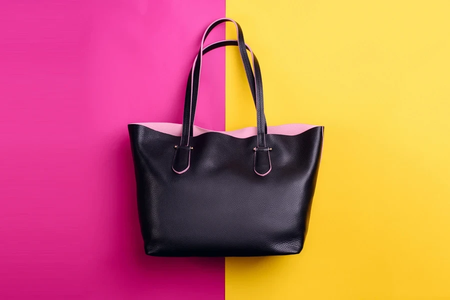 A classic black leather tote bag