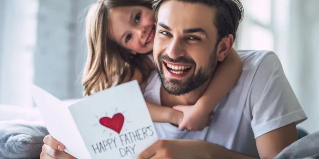 A daughter and dad holding a greeting card