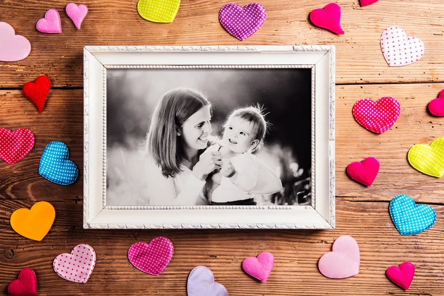 A framed photo of a mother and child