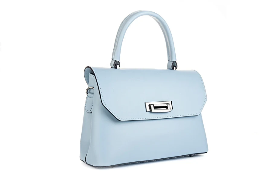 A light-blue buckled bag