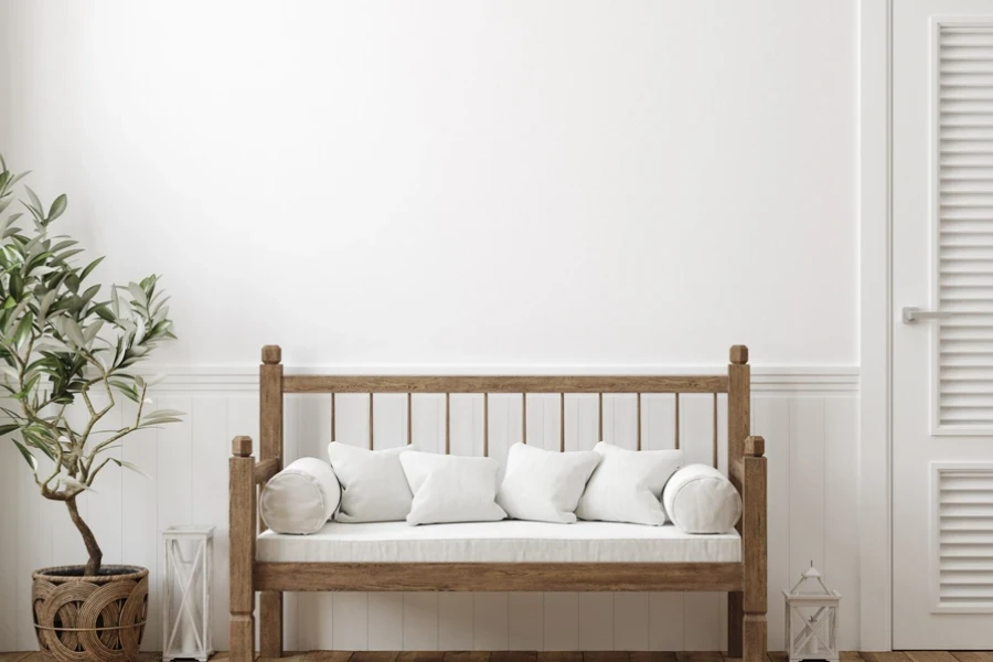 A modern wooden bench in a room