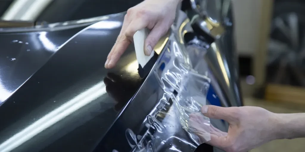 A person installing a car paint protection film