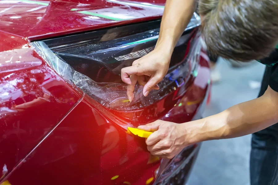 A person installing a paint protection film on red car
