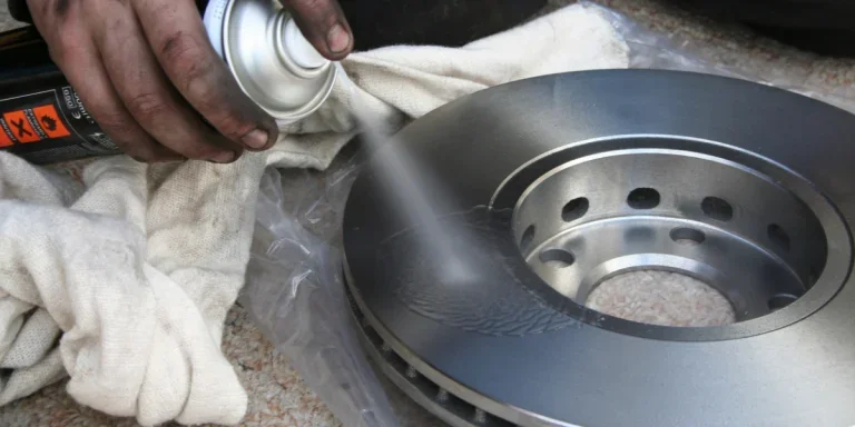A person spraying brake cleaner on a brake disk