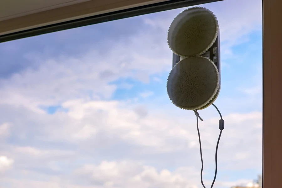 A robot cleaning window glass from the outside