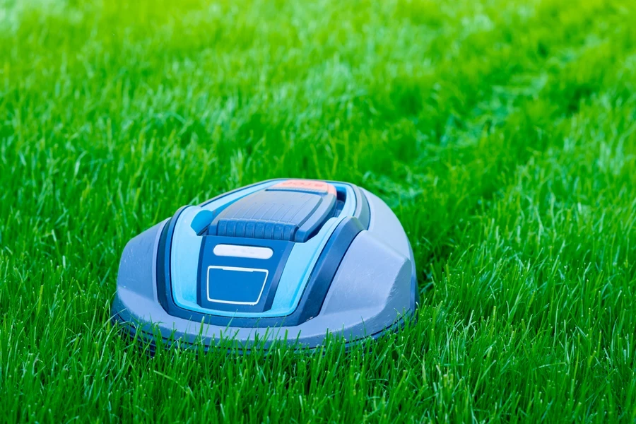 A robot lawn mower cutting grass