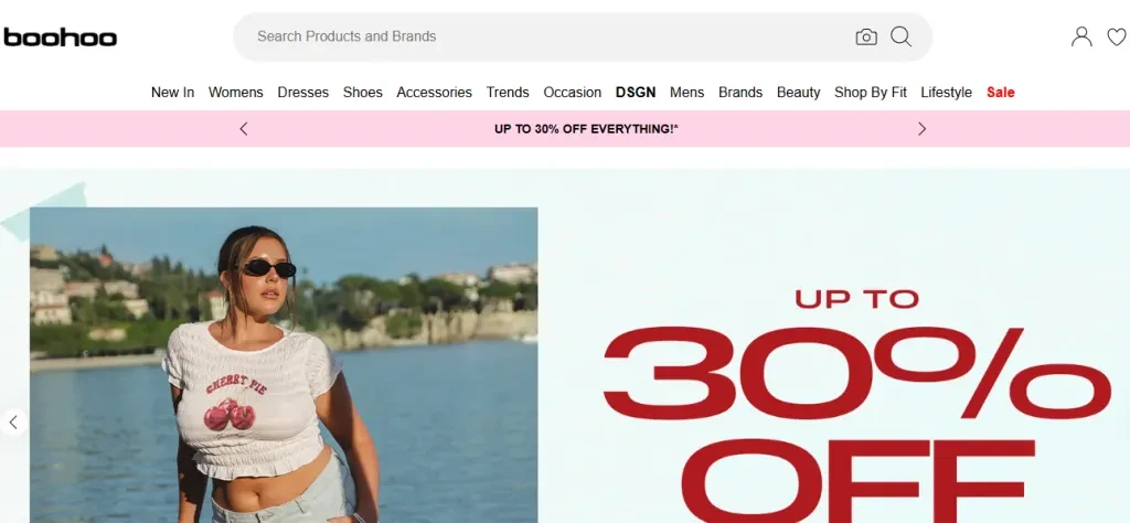 A screenshot of Bohoo’s homepage