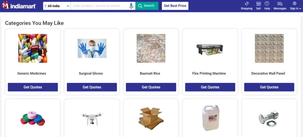 A screenshot of IndiaMart’s homepage