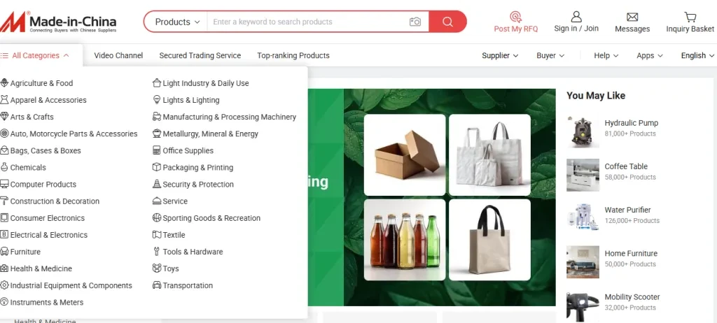 A screenshot of Made-in-China.com’s categories and homepage