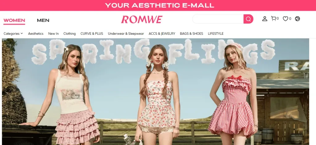 A screenshot of Romwe’s homepage