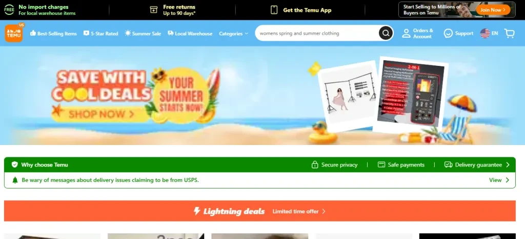 A screenshot of Temu’s homepage