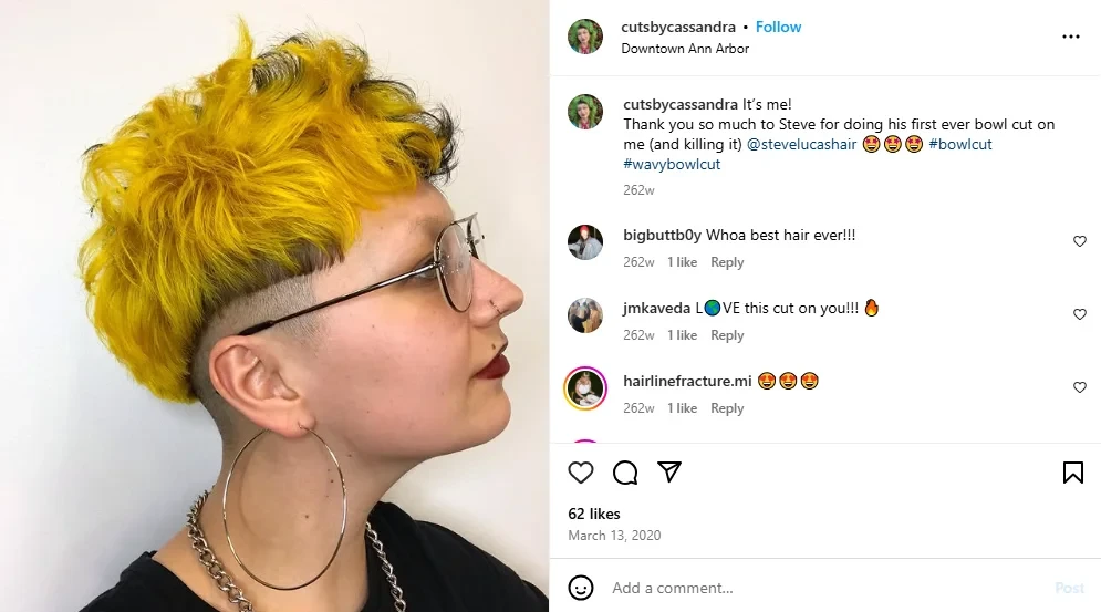 A screenshot of a side view of a wavy bowl cut