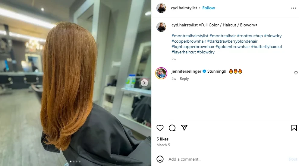 A screenshot of a woman getting a light copper brown hairstyle