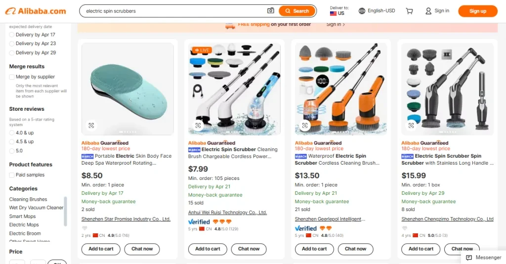 A screenshot of electric spin scrubbers on Alibaba