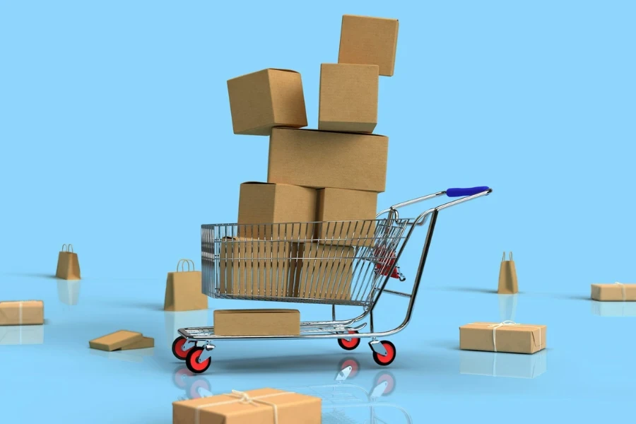 A toy shopping cart filled with various packages