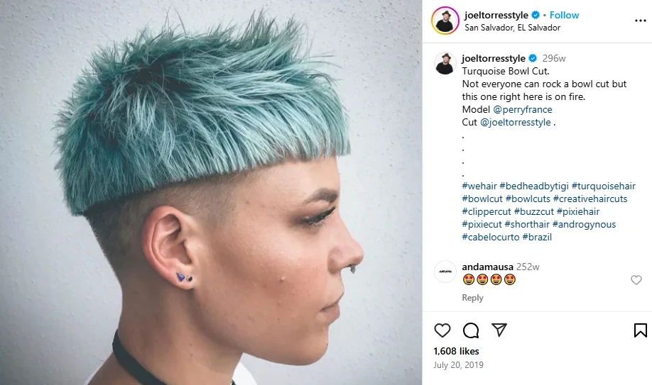 A woman rocking a stylish spiky bowl cut