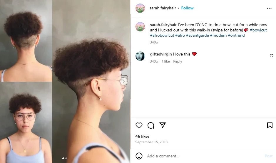 A woman showing off her afro bowl cut
