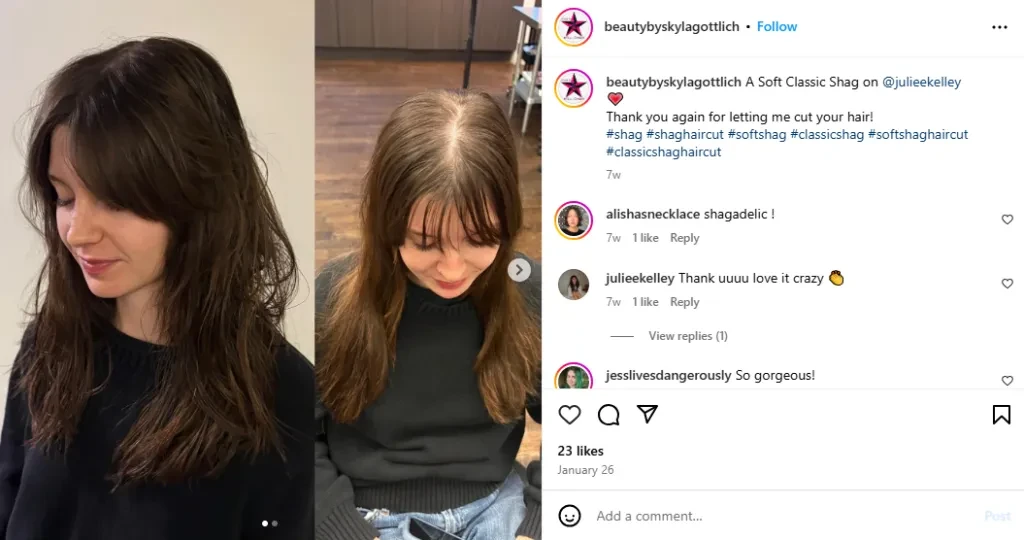 A woman showing off her waves with a classic shag cut