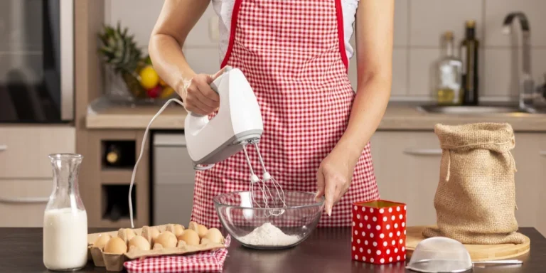 A woman using an electric whisk in the kitchen