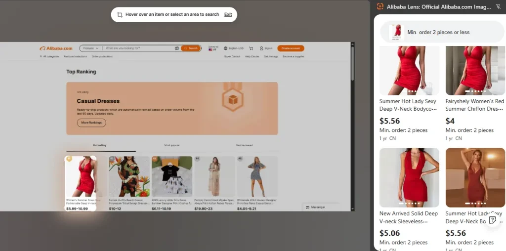 Alibaba Lens compares wholesale prices and MOQ across sellers