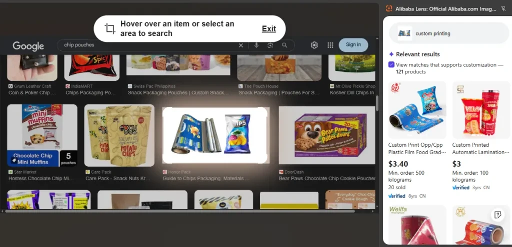 Alibaba Lens refines custom pouch packaging suppliers through multimodal search