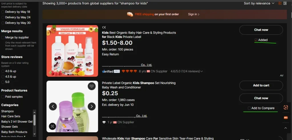 Alibaba.com allows buyers to “compare” similar offers directly