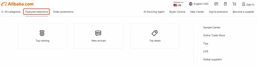 Alibaba.com’s Featured Selections tab