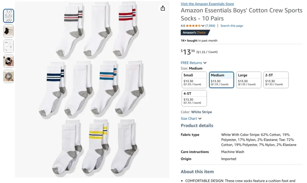 Amazon Essentials Boys' Cotton Crew Sports Socks – 10 Pairs