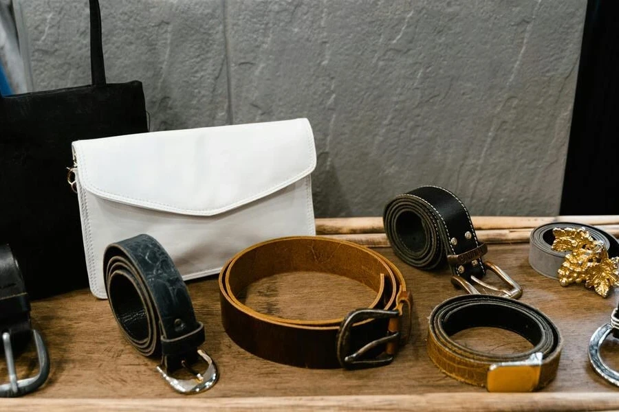 Assorted leather products on a wooden table