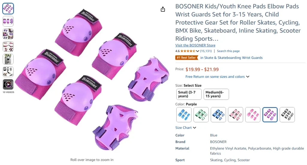 BOSONER KidsYouth Knee Pads Elbow Pads Wrist Guards