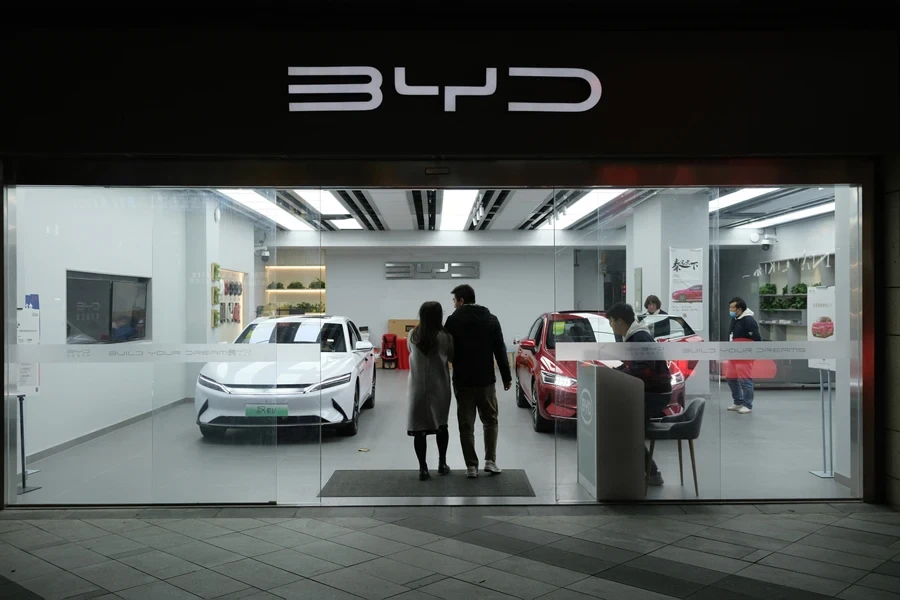 BYD EV store with customers inside