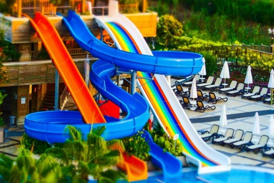 Beautiful view of a luxury resort with custom pool slides