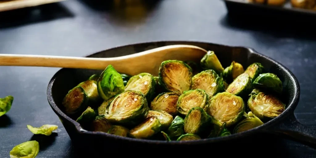 Black cast iron skillet pan with brussel sprouts inside