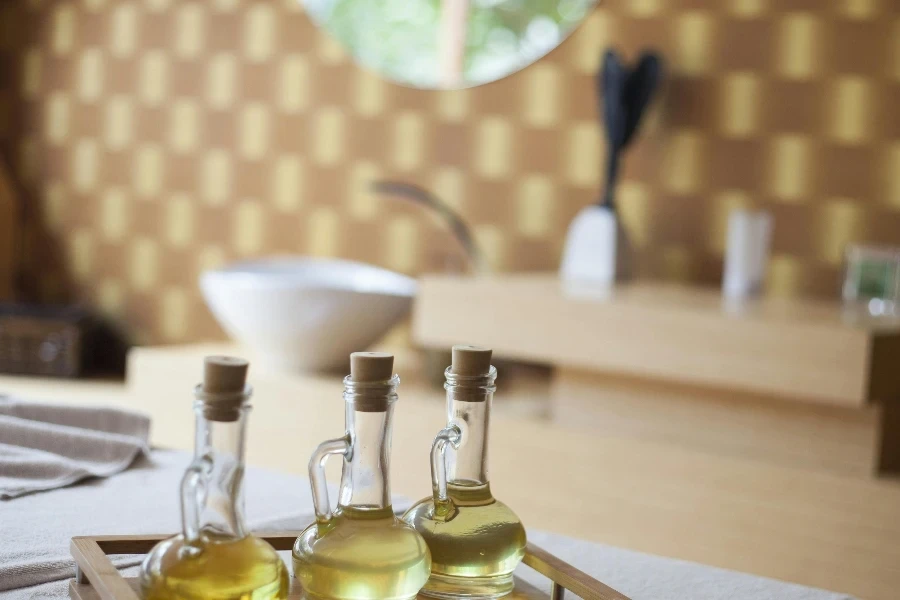 Bottles of essential oils arranged on a tray