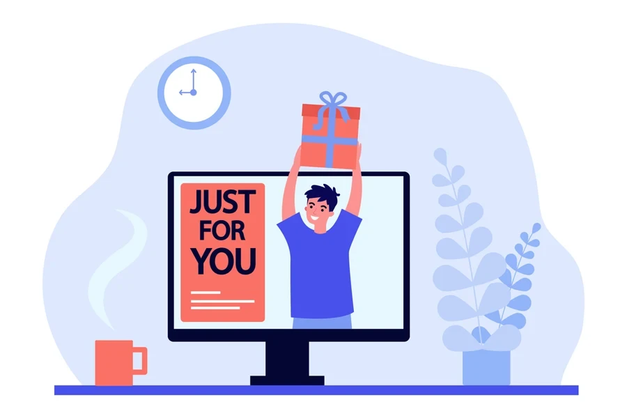 Computer screen with just for you banner and happy man with gift.