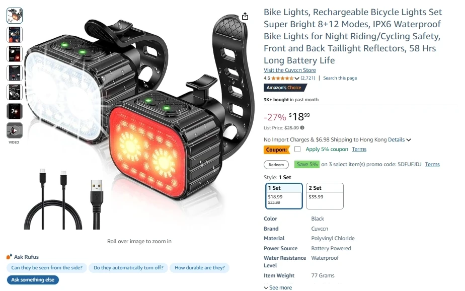 Cuvccn Rechargeable Bicycle Light Set (Front and Rear)