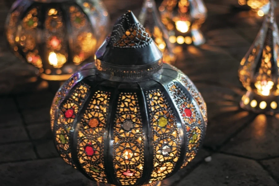 Decorative metal lanterns in a park