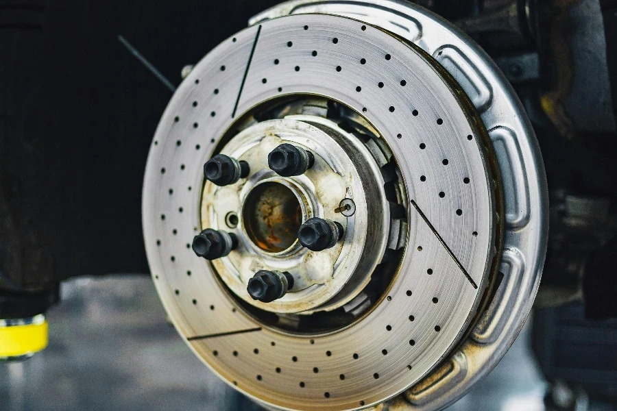 Disc brakes in a car service workshop
